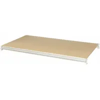 This bulk rack shelf kit includes two 14 ga steel beams with a powder-coated light gray finish and a particleboard deck. It is used to create additional storage levels in industrial racking systems for palletized or bulk items in warehouses and distribution centers