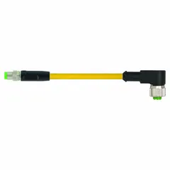 This cordset features an M8 male straight connector on one end and an M12 female straight connector on the other, with a yellow PVC jacket. It has a 10 m cable length, 24 AWG wire size, and an IP66K rating. Suitable for connecting sensors and actuators in industrial automation where flexing is required.