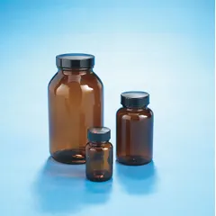 Amber soda lime glass bottle with a wide mouth and 28-400 mm neck finish. The 30 mL capacity and 37 mm body diameter suit storage of light-sensitive chemicals, reagents, and samples in laboratory settings. Supplied in a case of 432 bottles.