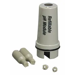 pH electrode with a flat polycarbonate body and single junction, measuring 0 to 14 pH. Features a proprietary connection type and 5/8 in overall diameter. Suitable for surface or semi-solid sample testing in laboratory environments.