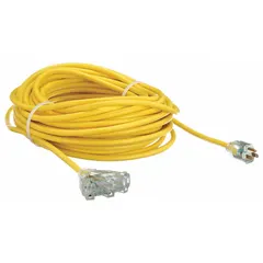 This 100 ft outdoor extension cord features three outlets and a 12/3 SJTW jacket in yellow. It is equipped with a NEMA 5-15P plug and is rated for temperatures from -58° to 167°F. Suitable for providing temporary power to tools, lights, or equipment in outdoor environments such as construction sites, landscaping, or event setups.