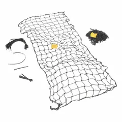 This black nylon pallet rack netting measures 99 inches by 96 inches and includes nylon zip ties for installation. It is used to secure items on pallet racks, preventing falls and containing loose or irregular loads in industrial storage environments.