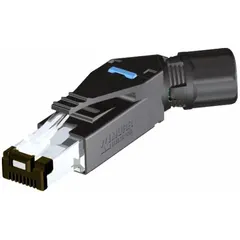 Male RJ45 connector assembly with punch-down (insulation displacement) connections for Cat5 data applications. Features a 45° angled plastic housing, 4 poles, and IP20 rating. Designed for cable mounting in Ethernet-based networks such as EtherCAT and Ethernet/IP.