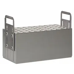 Aluminum dry bath block with 13 wells, each 100 mm in diameter, and a 400 mL volume capacity. Includes a thermometer well. Overall dimensions: 15 in width and length. Designed for use with dry bath instruments in laboratory heating applications.