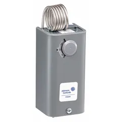 Line-voltage mechanical thermostat for heat-or-cool control in commercial or industrial HVAC systems. Housed in a steel enclosure with a hydraulic air coil sensor. Features (2) SPDT open/close on rise switches. Operates on 24 to 277V AC with a 30° to 110°F range and 3.5°F differential.