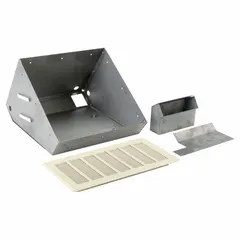 White cabinet for kickspace hydronic heaters, designed for in-floor or wall installation. Overall dimensions 15-7/8 in H x 14-7/16 in W x 11 in D; rough-in dimensions 14-7/16 in H x 14-7/16 in W x 11 in D. Suitable for spaces where wall space is limited, such as kitchens or hallways.
