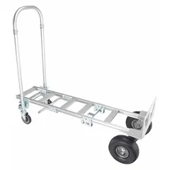 This 2-position convertible hand truck from Dayton features a dual-handle design, silver aluminum frame, and pneumatic tires. With a 62-inch handle height, it is suitable for moving loads in industrial, warehouse, and delivery settings where stability on uneven surfaces is required. The convertible design allows use as a standard hand truck or a platform truck for bulky items.