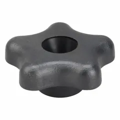 This Snap-Lock 5-Arm Knob features a plastic body with a steel threaded insert. It has a 2.25 in diameter and a 5/16"-18 thread size. Used for manual clamping, positioning, and adjustment on industrial machinery, jigs, and fixtures.