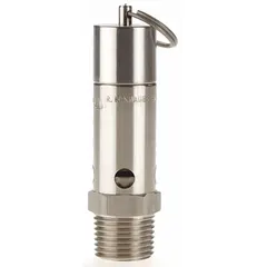 Hard seat pneumatic safety valve with 1/2 in (M)NPT inlet and preset relief setting of 225 psi. Stainless steel body, seat, and internal components. Used to protect compressed air systems from overpressure in industrial air receivers, piping networks, and pneumatic equipment.