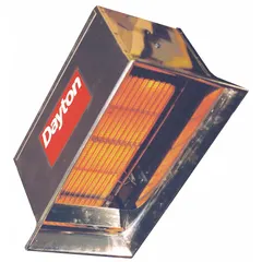 This suspended infrared flat panel gas ceiling heater is designed for indoor use only, operating on propane with a 30,000 BtuH heating capacity input. It requires a minimum mounting height of 9 to 10 ft and provides floor coverage of 10 ft x 10 ft. The unit measures 22-1/2 in x 12-3/4 in x 15-1/4 in overall, with clearance to combustibles of 28 in top, 72 in below, and 30 in sides. Typical applications include spot heating in commercial or industrial spaces such as warehouses, workshops, and garages.