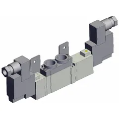 Double solenoid, five-way/three-position, closed-center directional control valve with 5 ports. Operates on 24V DC with spring return to center, DIN solenoid connector, internal pilot, and non-locking manual override. Used in automated pneumatic systems for precise control of compressed air in applications such as packaging, material handling, and assembly lines.