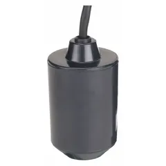 This tether float switch is designed for pump-down applications in water tanks, sumps, and basins. It operates at 115/230V AC with a 20 ft cord length and activates at 45° above horizontal. The normally open configuration energizes the pump when liquid rises to the activation angle.