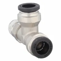 PARKER Push-Fit Tee Fitting: 3/8 in OD x 3/8 in Pipe x 3/8 in OD Size, Brass, 2 1/4 in Overall Lg (MPN W171PLP-6-4)