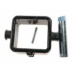 Steel replacement bracket for pallet jacks, designed for use with model 5NP21. Black finish. Used to mount components perpendicularly in pallet jack assemblies during repair or maintenance.