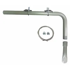 This steel mounting bracket is finished in gray and includes a secondary safety support cable. It is used for securing equipment such as fans, heaters, or other overhead fixtures in industrial settings.