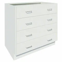 Steel base cabinet with four drawers, suitable for organized storage in workstations, workshops, and maintenance areas. Overall dimensions: 36 in width, 22 in depth, 35-1/8 in height. No shelves included.