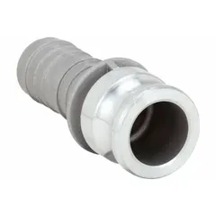 This Type E aluminum cam and groove adapter features a 1 in male hose shank for connecting hoses in fluid transfer systems. With a 1 in coupling size and 4 11/64 in overall length, it is suitable for water, chemicals, or dry bulk materials.