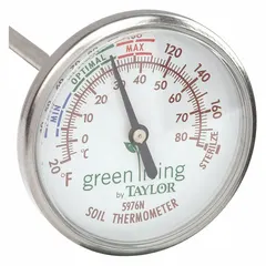 This TAYLOR dial thermometer measures soil temperature from 20°F to 180°F with an accuracy of +/- 2% throughout the range. The stainless steel housing is suited for outdoor use in gardening and agriculture to monitor soil conditions for planting and seed germination.