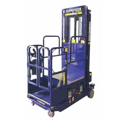 Battery-powered drivable stock picker with 12 ft elevated platform height and 19 x 19 in platform. Includes battery charger. Used for accessing elevated storage in warehouses and stockrooms, allowing operator to move the unit without descending.