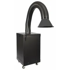 Portable single-arm fume extractor for source capture of welding fumes in industrial environments. Features 800 cfm airflow, 6 ft arm length, and MERV 14 filter. Operates on 120V nominal input voltage.