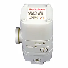 Industrial electric-to-pneumatic transducer converting a 20 mA to 4 mA input signal into a 3 psig to 15 psig nominal pressure output. Used in process control applications to interface electronic controllers with pneumatic actuators, valves, and dampers.
