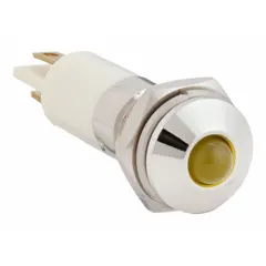 Yellow LED indicator pilot light with raised head and M10 mounting thread. Features a 0.11 Male Quick Disconnect electrical connection. Suitable for panel-mount applications on industrial control panels, machinery, and equipment to indicate operational status, warnings, or alarms.