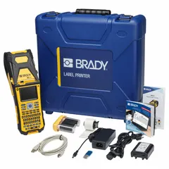 Bluetooth-connected handheld label printer with 2-inch print width and 300 dpi resolution. Includes battery, AC adapter/battery charger, self-laminating cable wraps, and Brady Workstation Product and Wire ID Software Suite. Suitable for on-site cable and wire identification in industrial environments.