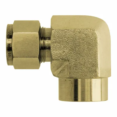BRENNAN INDUSTRIES Compression Fitting Elbow: 1/2 in OD x 3/8 in Pipe Size, Tube x FNPT - Clean & Bagged Double-Ferrule Brass Compression Fittings