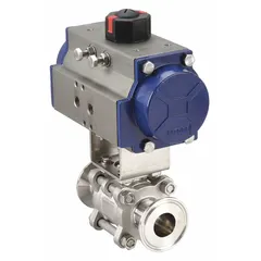 316 stainless steel pneumatically-actuated ball valve with clamp x clamp, three-piece design. Meets 3A Sanitary Standards with average surface roughness less than 0.6 micron. Pilot solenoid not included. Suitable for sanitary process applications requiring cleanability and hygiene.