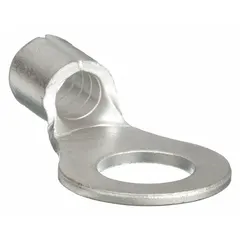 Non-insulated ring terminal rated for 600 V, with a 1/2 in stud size and accepting wire sizes from 12 AWG to 10 AWG. Designed for secure electrical connections to studs or bolts in industrial control panels, machinery, and power distribution systems.