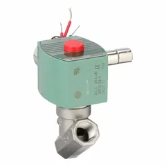 This REDHAT solenoid valve is a 2-way, 2-position normally closed type with a 3/8 in pipe size. It operates on 24V DC and features a watertight coil enclosure for high-flow applications. Suitable for on/off control of fluids in industrial systems.