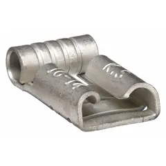 This non-insulated flag disconnect is designed for 16 AWG to 14 AWG wire sizes and accepts a 0.25 in x 0.032 in tab. The flag shape enables side-entry mating in confined spaces, commonly used in electrical panels, motors, and appliances for quick connect and disconnect applications.
