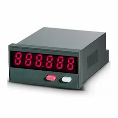 This TRUMETER digital counter features a front panel mounting style with a 1 in x 2 in size. It includes a screw terminal connection and an LED display. The unit is CE approved, RoHS compliant, and has a NEMA 12 enclosure rating. Typical applications include counting cycles, parts, or events in industrial automation and panel-mounted machine monitoring.