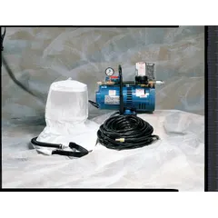 The Allegro 9220-02 is a complete supplied air respiratory system including a 1 1/2 hp pump and a full hood headgear. It comes with two disposable lightweight loose-fitting Dupont Tyvek hoods. This system is used in industrial environments where breathable air is required, such as painting, chemical handling, or confined-space entry.