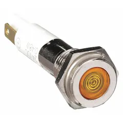 This LED indicator pilot light features a yellow flush head and H08 design. It is panel-mounted with a 5/16 in mounting hole diameter and connects via a 0.11 Male Quick Disconnect. Suitable for use on industrial control panels and machinery to provide a visual status signal.