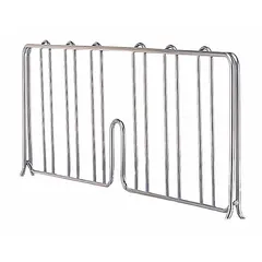 This stainless steel shelf divider is designed for use with wire shelving systems. It helps organize and separate items on shelves, preventing mixing and improving storage efficiency. The divider features a 24 in ledge and a silver finish.