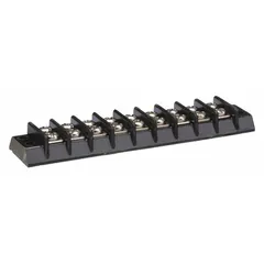 This 9-pole surface mount barrier strip accepts wire sizes from 22 AWG to 14 AWG and is rated for a maximum current of 15 A. It is designed for organizing and terminating multiple wires in control panels, junction boxes, and industrial equipment. Cover is not included.