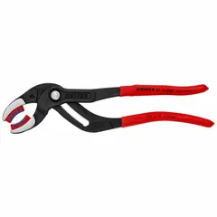 10-inch curved-jaw tongue and groove pliers with push-button adjustment. Max jaw opening of 3 inches and jaw width of 3/8 inch. Soft jaws provide non-marring grip. Suitable for gripping and turning pipes, nuts, and fittings in plumbing, HVAC, and general maintenance tasks.