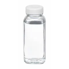 Rectangular glass lab bottle with 125 mL capacity, colorless clear body, and 33-400 mm screw closure size. Not graduated and supplied without closure. Used for storing and dispensing liquid reagents, solvents, and samples in laboratory settings.