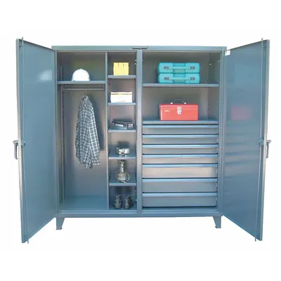 STRONG HOLD Storage Cabinet: 24 in x 78 in, 7 Adj Shelves, 7 Drawers, 2 Doors, Legs - Combination Wardrobe Shift Cabinets with Drawers