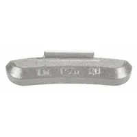 Zinc clip-on wheel weight for steel rims on passenger cars. Uncoated finish. Part of the P series. Used for static balancing to reduce vibration and tire wear