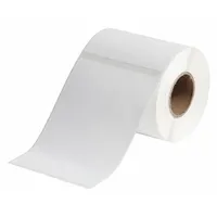 White matte-finish precut label roll for use with Brady J2000 printer series. Label width 4 1/8 in, label height 6 1/8 in, roll length 6 3/32 in. Suitable for industrial labeling tasks such as asset identification, cable marking, and component labeling in manufacturing and facility maintenance environments