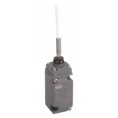 This rod wobble-stick limit switch features two mounting holes and screw terminals for electrical connection. It is used in industrial automation to detect the position or presence of moving machinery parts, such as on conveyors, packaging equipment, and material-handling systems.