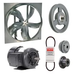 Unassembled belt-drive panel exhaust fan with drive package. Features a 24-inch blade, 3/4 hp motor, and 7,927 cfm airflow. Operates on 208-230/460V AC, 3-phase power with a totally enclosed fan-cooled motor, Class B insulation, and single speed. Zinc-plated steel frame. Without intake guards. Suitable for industrial ventilation applications such as removing heat, fumes, and stale air from factories, warehouses, and commercial facilities.