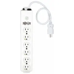 UL 1363 listed healthcare power strip with 6 outlets, 15 A rating, and 1.5 ft cord. White finish with 5-15P plug and 5-15R receptacles. Keyhole mounting allows secure attachment to walls or equipment. Suitable for powering patient-care devices and monitoring equipment in medical settings.