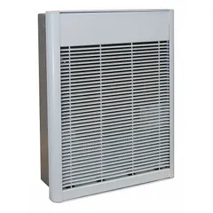 Large recessed electric wall heater for single-phase 240/277V AC operation. Provides selectable 1500 W or 3000 W heat output. White grille. Non-programmable. Rough-in dimensions: 18-1/4 in x 14-1/4 in x 3-7/8 in. Suitable for primary or supplemental heating in commercial and industrial spaces such as warehouses, workshops, and large rooms.