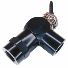 Three-way, normally closed manual air control valve from the Pneumadyne 11 Series. Features a toggle actuator with detent operation and exhaust function. Body is aluminum with 1/8 in Female NPT connections. Used in pneumatic systems for manual on/off control of air flow.