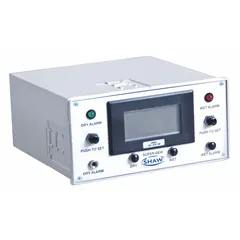 Stainless steel moisture monitor for detecting moisture in laboratory ventilation enclosures, including fume hood sash stops, canopy connections, and spill trays. Operates on 110/115V AC and includes a probe. Overall dimensions: 8 in length, 5 1/2 in width.