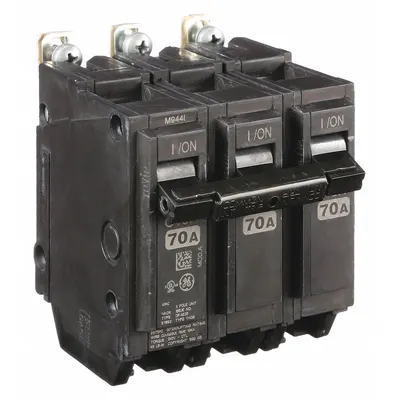 GE Miniature Circuit Breaker: THQB, 70 A, 120/240V AC, Three Phase, 10kA at 120/240V AC - THQB & THHQB Series, Bolt-On GE Miniature Circuit Breakers
