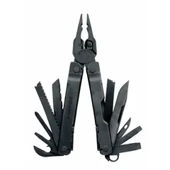 Full-size multi-tool with fold-out pliers, featuring 19 tools and 19 functions. Includes regular pliers, premium replaceable wire cutters, and a large screwdriver. Stainless steel construction with black finish. Closed length 4 1/2 inches. Suitable for cutting, gripping, screwing, and general repair tasks.